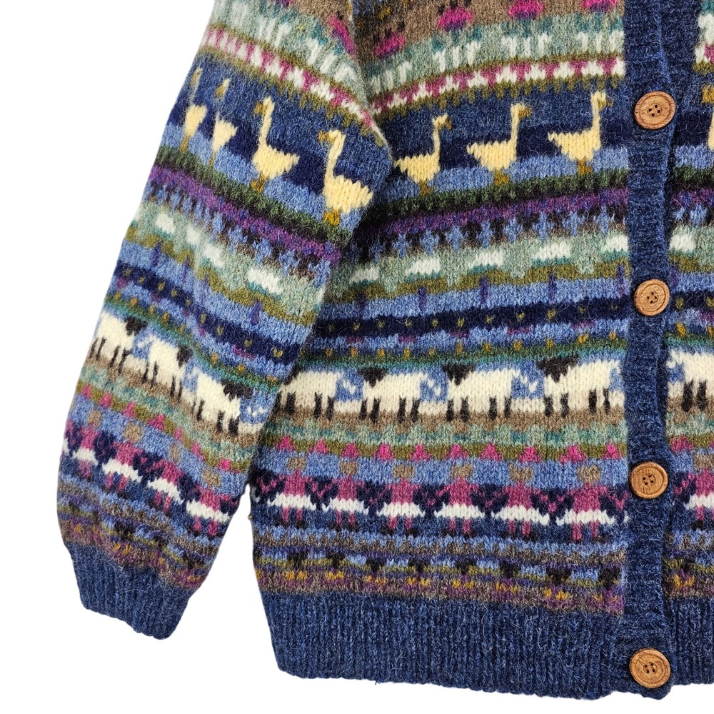 Vintage LL Bean Sheep Geese Horse Wool Cardigan Sweater Women's Large Blue - Picture 2 of 9